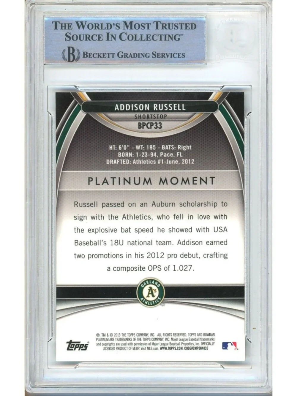Addison Russell Signed 2013 Bowman Chrome Purple Refractor BPCP33 Card